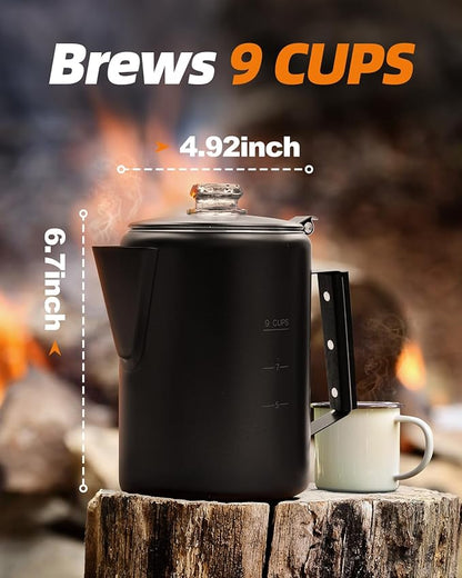 MEREZA Coffee Percolator Stovetop Camping Coffee Pot Stainless Steel 9 CUP Camping Coffee Maker Outdoor Home NO Aluminum or Plastic Black