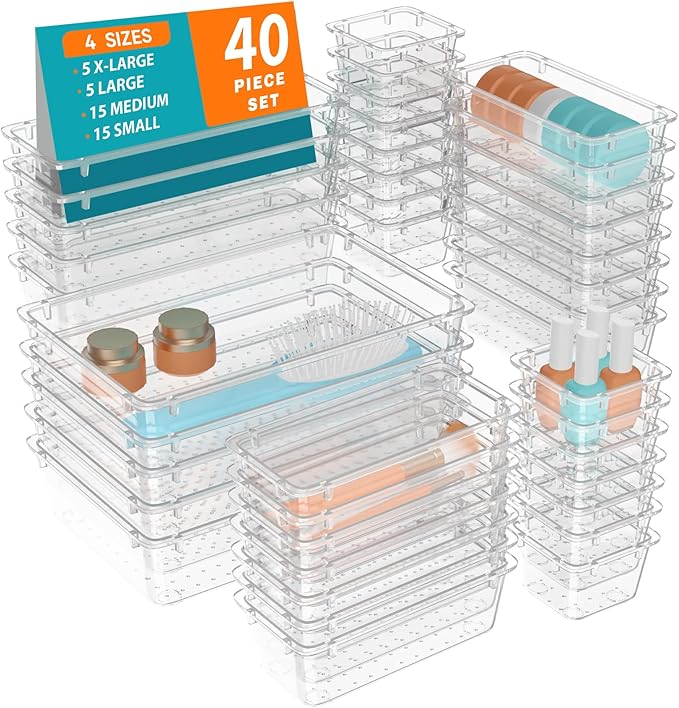 WOWBOX 40 PCS Clear Plastic Drawer Organizer Set, 4 Sizes Desk Drawer