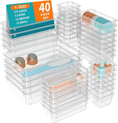 WOWBOX 40 PCS Clear Plastic Drawer Organizer Set, 4 Sizes Desk Drawer