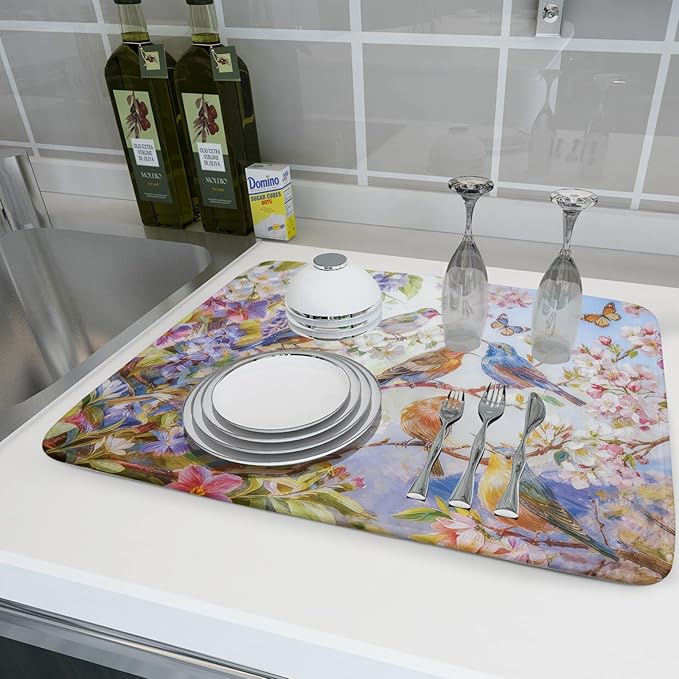 Floral Birds Dish Drying Mat Spring Decoration Absorbent Dish Drain Cloth Mat