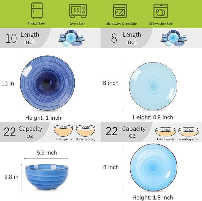 Selamica Ceramic 16-Pieces Dinnerware Set, Ceramic Dishes Set for 4, Kitchen Plates and Bowls Sets, Dinner Plates Set, Spray Black Dots, Gradient Blue