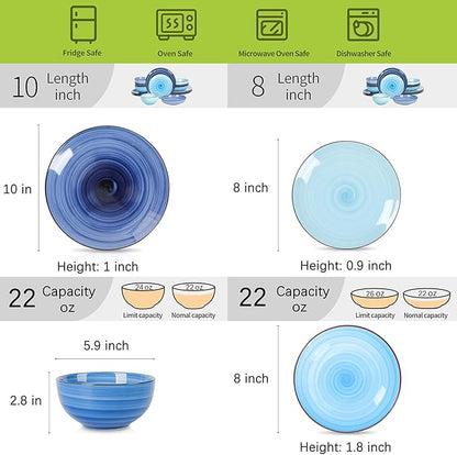 Selamica Ceramic 16-Pieces Dinnerware Set, Ceramic Dishes Set for 4, Kitchen Plates and Bowls Sets, Dinner Plates Set, Spray Black Dots, Gradient Blue