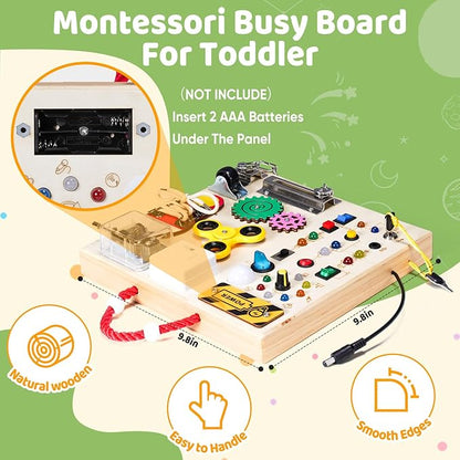 Montessori Wooden Busy Board Toys for 1 2 3 Years Old Boys Girls,Toddler Sensory Educational Fidget Board Travel Toy with LED Light Up Switches & Music Boxes, Locks for 1 to 6 Year Kids Gifts