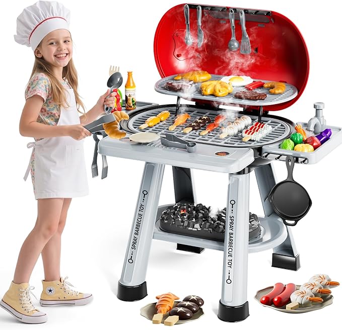 Kids Grill Playset for Toddlers 3-5, 2-Layer Outdoor BBQ Cooking Toy with Smoke, Lights and Sounds, Backyard Pretend Play Kitchen Set, Outside Toys for Boys and Girls