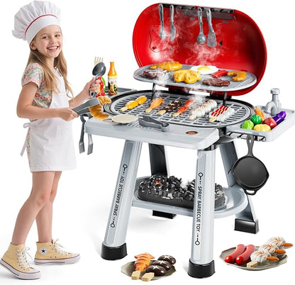 Kids Grill Playset for Toddlers 3-5, 2-Layer Outdoor BBQ Cooking Toy with Smoke, Lights and Sounds, Backyard Pretend Play Kitchen Set, Outside Toys for Boys and Girls
