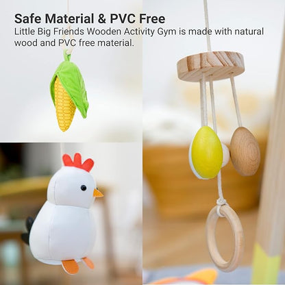 Little Big Friends Wooden Baby Activity Gym – Montessori Play Gym for Babies | Encourages Motor Skills & Sensory Development | Includes Crinkle Fabrics, Wooden Chimes & Hanging Toys – Farm