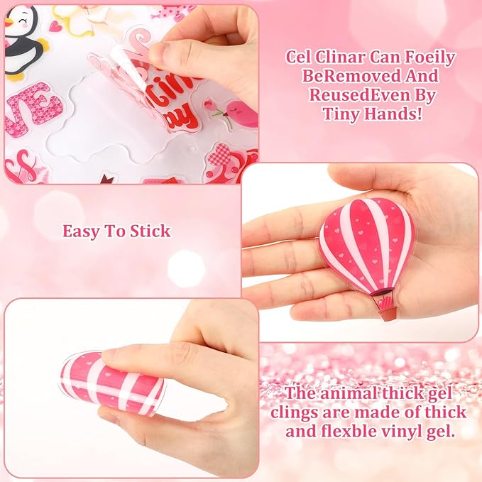 MARFOREVER 50 PCS Valentine's Day Gel Window Clings Stickers Reusable Cartoon Heart Love Rose Thick Gel Clings Decals for Valentine's Day Kids Classroom Party Window Glass Decoration