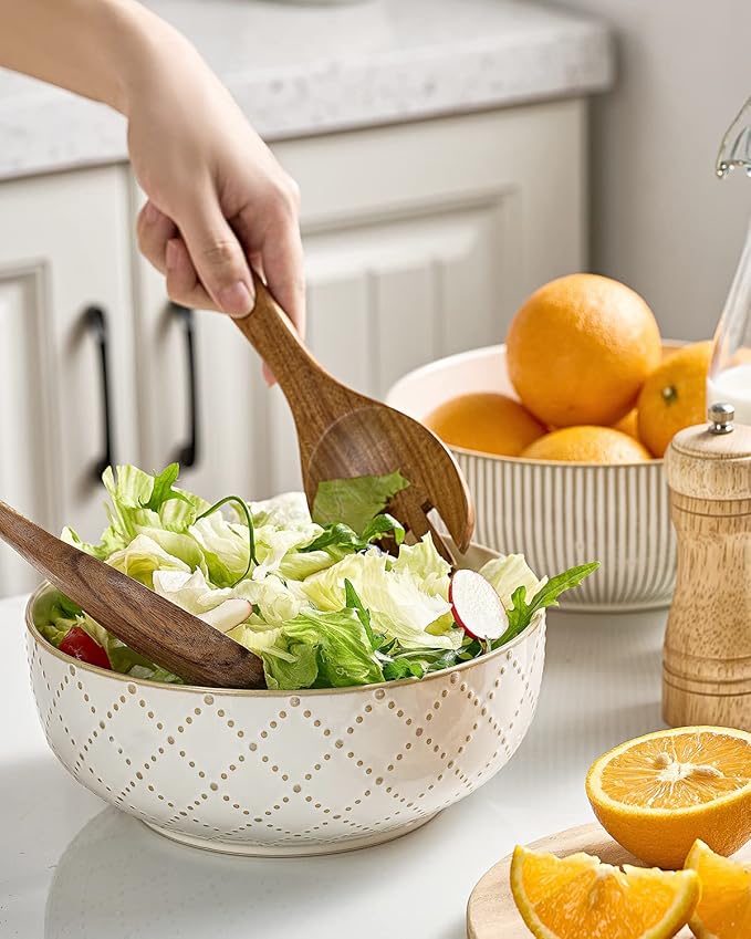 getstar Large Serving Bowls (8 inch & 60 fl oz), Ceramic Salad Bowl Set of 2, Microwave and Dishwasher Safe, Farmhouse Kitchen Decorative Bowls Set (Embossed Checks & Stripes)