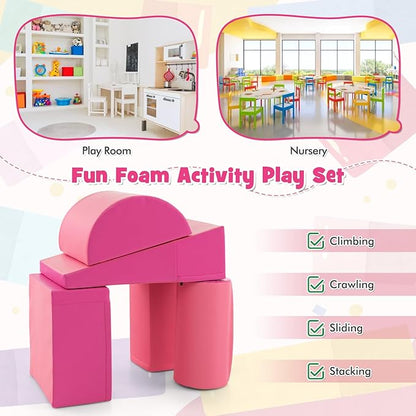 HONEY JOY 5-Piece Climb and Crawl Playset, Soft Climbing Foam Block Activity Play Structure Gym Equipment for Infant Baby, Color Coordination, Waterproof Indoor Climbing Toys for Toddlers (Pink)