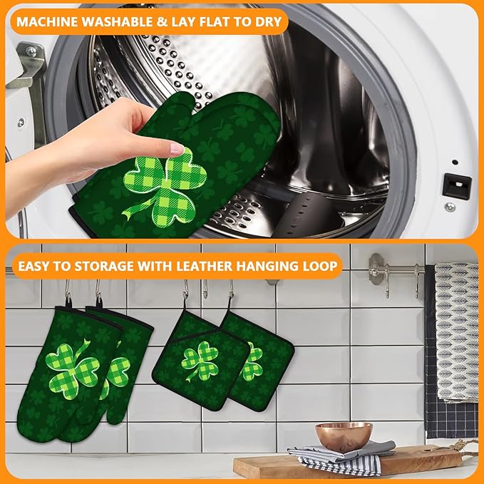 Green Clover Oven Mitts and Pot Holders Sets 4Pcs, Extra Long Oven Gloves