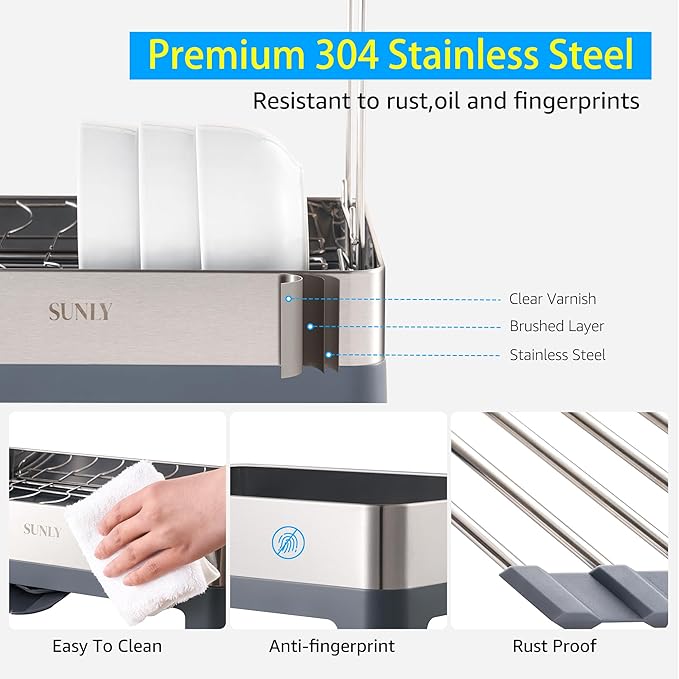 SUNLY Large Dish Drying Rack, 304 Stainless, Extra Large Drain Board