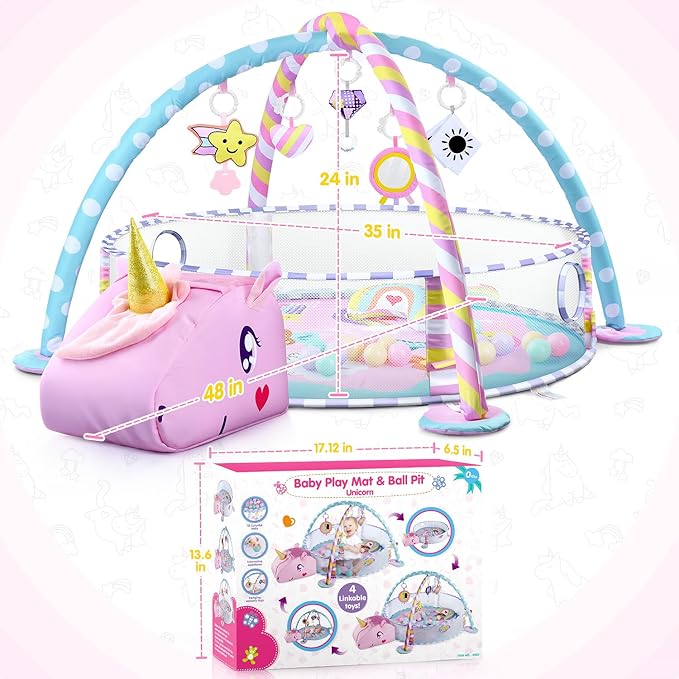 Baby Play Mat & Activity Mat - Baby Play Gym Tummy Time Mat with 6 Detachable Sensory Toys for Motor Skills Development, Newborn Baby Toys 0-6-12 Months Essentials Gift Playmats