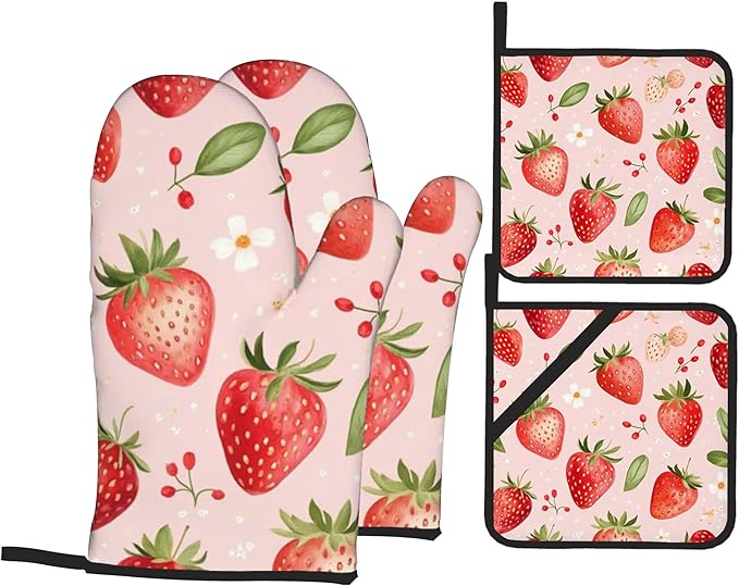Strawberry Daisy Pattern Oven Gloves and Hot Pads Set