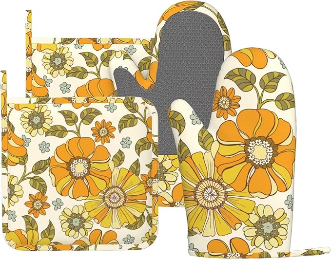 Retro 70s Style Flower Oven Mitts and Pot Holders Sets Silicone Kitchen Mitts