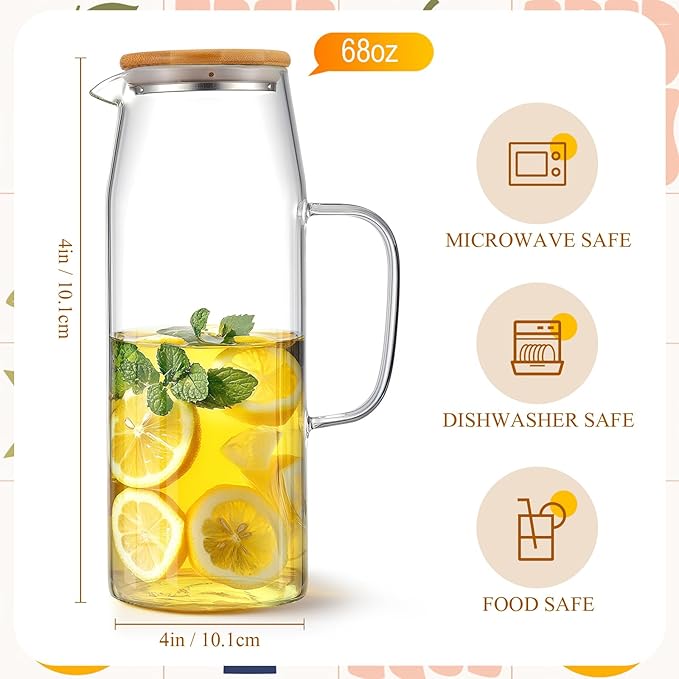 Hsei 2 Sets Glass Pitcher with Lid, 67.6 oz / 2000 ml Water Carafe with Handles