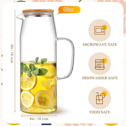 Hsei 2 Sets Glass Pitcher with Lid, 67.6 oz / 2000 ml Water Carafe with Handles
