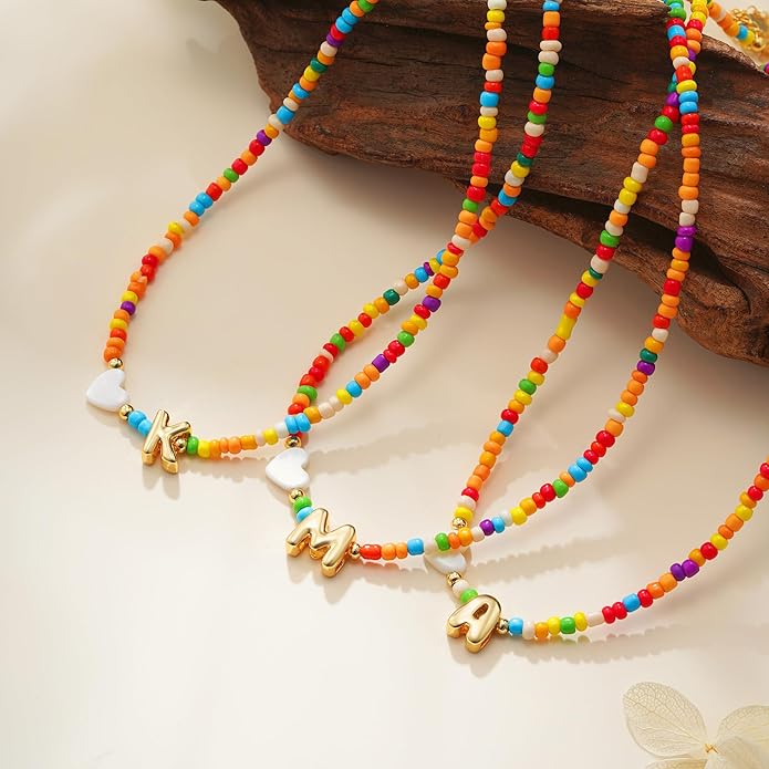 Colorful Initial Necklaces for Girls Women, 14K Gold Plated Bubble Initial Pendant Heart Shell Necklace Jewelry Christmas Gifts for Teen Girls Kids