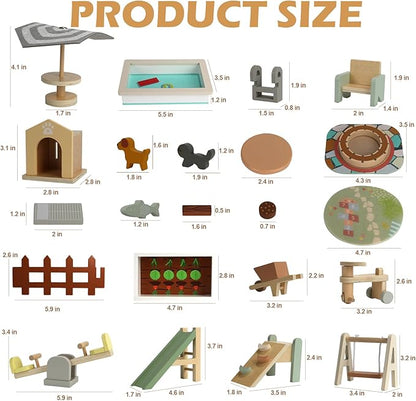 26PCS Wooden Dollhouse Furniture Set, Outdoor Miniature Doll House Accessories Playset for Toddlers, Outdoor Scenes Poolside Playground Pretend Play Toy for Kids 3+