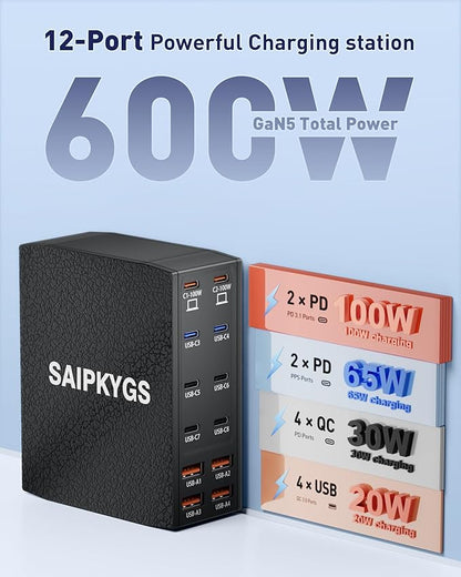 USB Charging Station, 12-Port USB C Charger Block