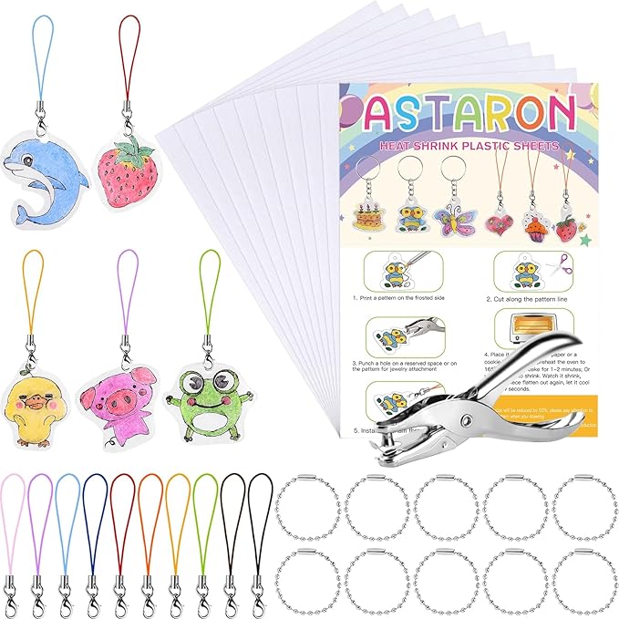 ASTARON Printable Shrinking Plastic Sheets Kit, 10 Pcs A4 Size Blank Heat Shrinking Film Art Paper, Hole Punch and 40 Lanyards, Shrink Keychain Jewelry Making Accessories Craft Supplies