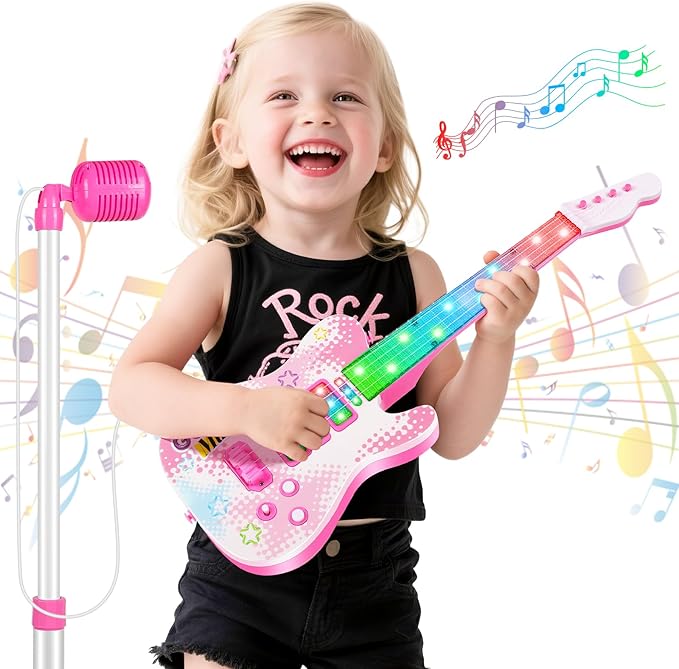 Electric Guitar and Microphone Set for Kids, Toddlers Musical Instruments Starter Kit with Guitar Microphone Lifting Stand, Pink Karaoke Machine with Mic for Boys Girls Infant Christmas Gifts