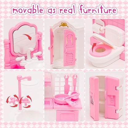 45 Pcs Dollhouse Furniture Set Accessories Doll House Mini Furniture Pretend Play Bedroom Living Room Bathroom Kitchen for Kids Birthday and Christmas Pink