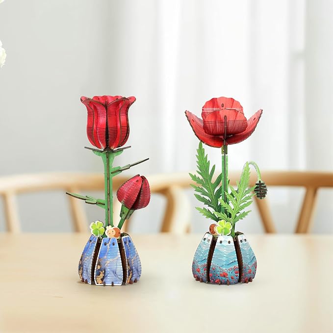 Jege 3D Flowers Wooden Puzzles for Adults,DIY Wooden 2 Flowers per Kit Building Set for Home Decor, Creative Craft Gift Toys Kits with 2 Perfume Bottles and Diffuser Sticks (Rose + Corn Poppy)