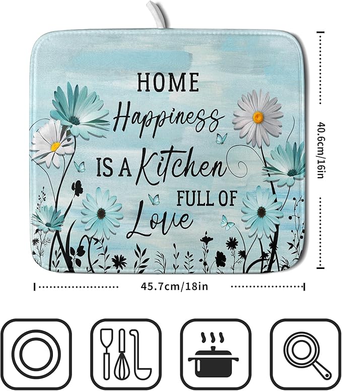 Blue Daisy Dish Drying Mat 16x18 Inch Love Kitchen Absorbent Microfiber