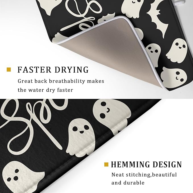 Halloween Dish Drying Mat for Kitchen Counter 18x24 Cute Ghost Black Spooky