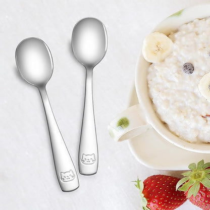 DRKIO Stainless Steel Toddler Spoons Set - 6 Pieces Kids Spoons Set Children Safe Food Grade Kids Silverware Small Spoon Metal Toddler Utensils Dishwasher Safe Mirror Polished