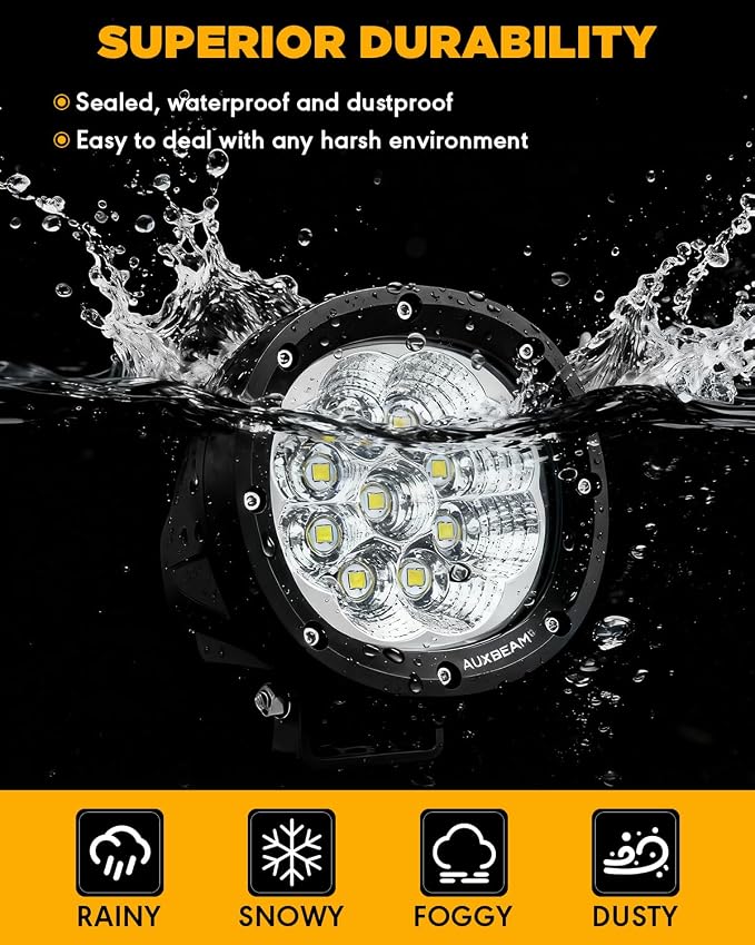 Auxbeam 4 Inch Round LED Light Pods, 90W Offroad Flood White Light Bar, Super Bright 9000LM Driving Work Light with DT Plug Wiring Harness Kit for Truck Boat Pickup ATV UTV SUV-2PCS