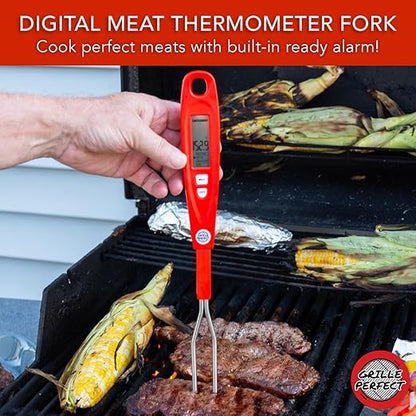 Digital Meat Thermometer Fork for Grilling & BBQ with Ready Alarm, Pro Temp Points for Quick Accurate Temperature on Steak, Pork, Chicken & Hot Grilled Food on Patio or Outside Kitchen