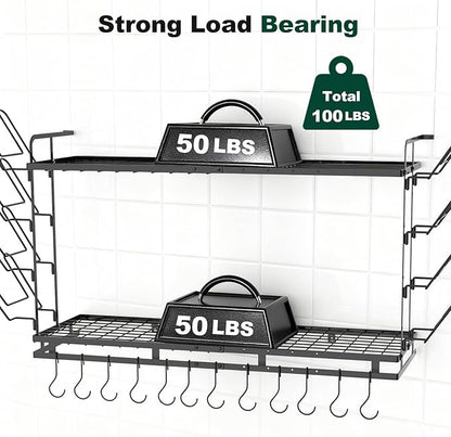 Housolution Pot Rack Wall Mounted, 3 Level Height Adjustable, 2 Tier Heavy Duty