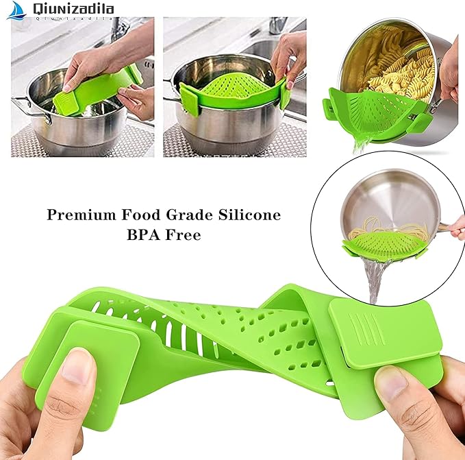 Clip-on Kitchen Food Strainer for Spaghetti, Vegetables. Silicone Kitchen Food