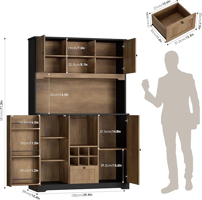 FINETONES 71" Pantry Cabinet with LED Light and Charging Station, Kitchen Pantry Cabinet with Microwave Stand, Kitchen Hutch Food Storage Cabinet with Outlet and Wine Racks, Black/Brown