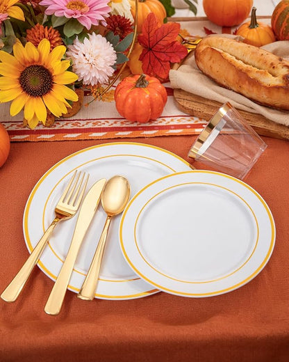 bUCLA 600Pcs White and Gold Plastic Plates - Gold Disposable Dinnerware Set for 100 Guests Include 100 Dinner & 100 Dessert Plates, 100 Cups, 100 Forks, 100 Spoons, 100 Knives for Thanksgiving