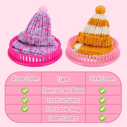 AHCo. Knitting Loom Kit for Beginners, Creative Craft Toy for Girls Ages 7 8 9 10 11 12 with Storage Bags Yarns Knitting Tools, Fantastic DIY Gifts Knit Hat Scarf Coaster (Pink)