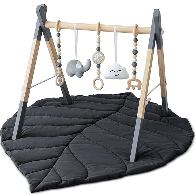 Wooden Baby Play Gym with Mat, Foldable Baby Play Gym Frame Activity Gym Hanging Bar with 5 Gym Baby Toys Playmats for Newborn Baby (Foldable Baby Play Gym with Mat)