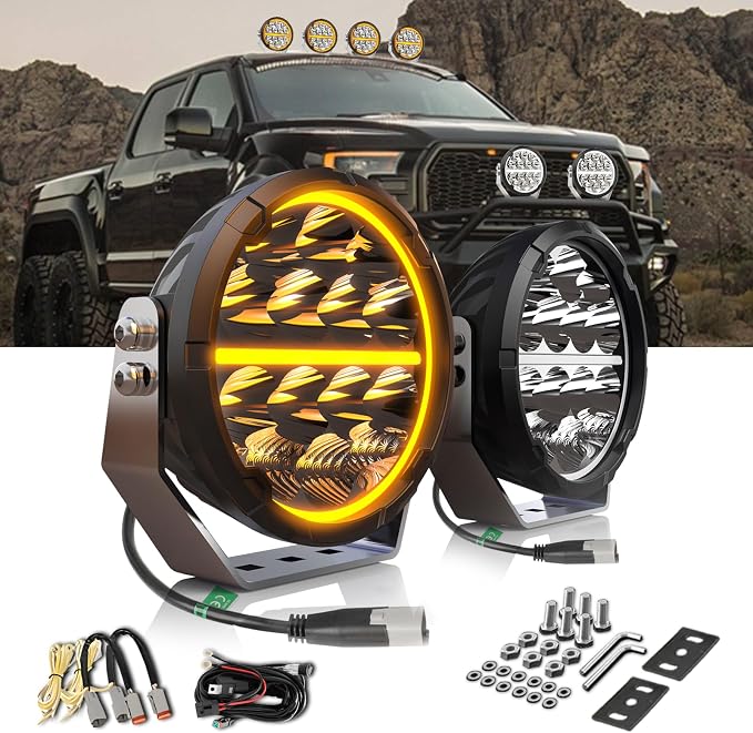 BraveWAY 6.5 Inch Round LED Driving Lights 140W 20400LM Round LED Offroad Light with Wiring Harness White & Amber DRL Spot Flood Combo Beam Auxiliary Light for Truck 4x4 ATV UTV, 2 Years Warranty Pair