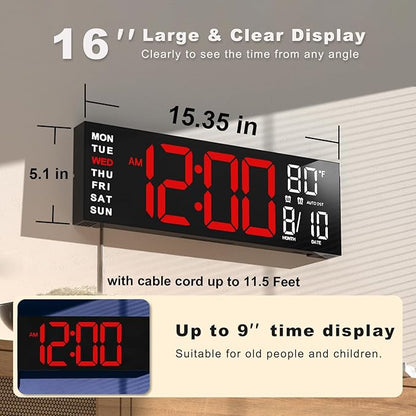 JALL 16" Large Digital Wall Mount Clock, Count Down Timer, Big LED, RGB Color