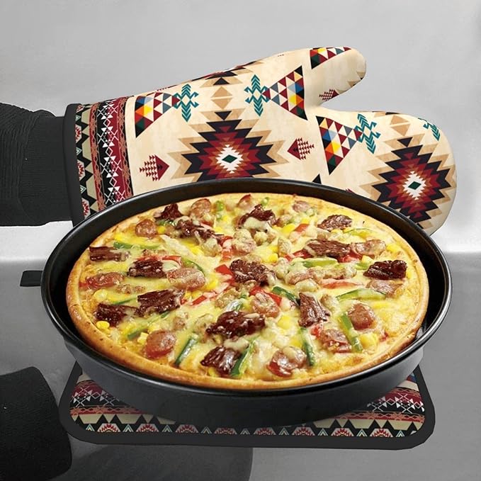Southwestern Aztec Oven Mitts and Pot Holders Set of 3, Heat Resistant Non-Slip