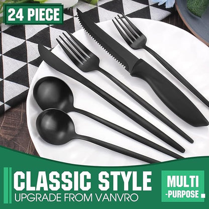 24 Pieces Matte Black Silverware Set with Steak Knives,Satin Finish tableware Cutlery Set for Home and Restaurant,Matte Knife Spoon and Fork Sets Service for 4,Dishwasher Safe