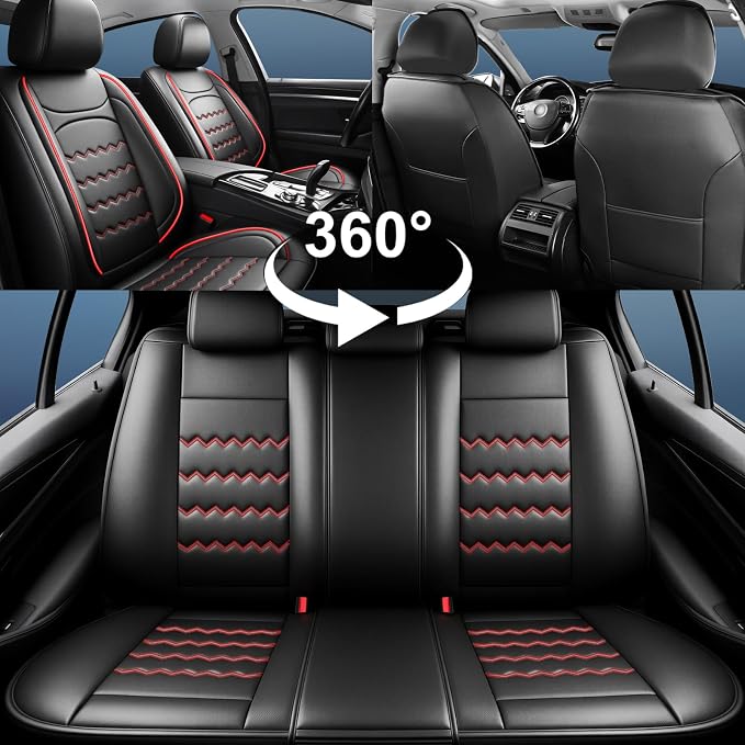 Focus Car Seat Covers Custom Fit for Ford Focus 2009-2018, Premium Full Coverage Leather Automotive Seat Protectors, All Seasons Waterproof Breathable, Airbag Compatible, 2 Front Seat Red Black