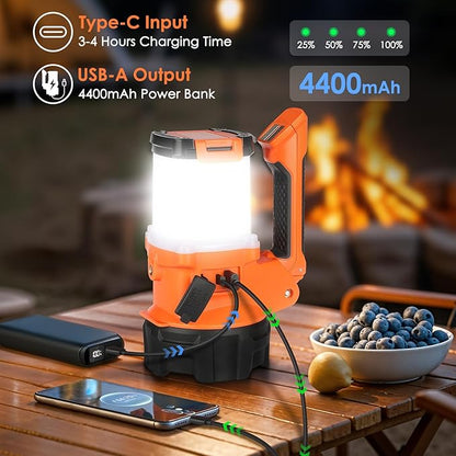 Tripod Rechargeable Camping Lantern, 6 Modes LED Flashlight Handheld Spotlight with 4000LM, 4400mAh Power Bank, IPX4 Waterproof Searchlight Work Light for Emergency Hiking Survival Kit - Orange