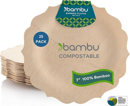 Bambu Pack of 25-7 Inch Disposable Bamboo Plates Fancy, Biodegradable Eco Friendly Products, Bamboo Disposable Plates for Party, Weddings, and Events, Great For Any Occasion, Compostable Plates