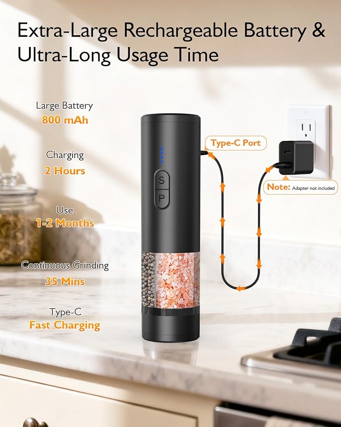 Electric Salt and Pepper Grinder Set, 2 in 1 Dual Bins USB Rechargeable