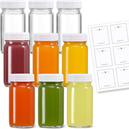 9 Pack 2 oz Glass Shot Bottles w/ White Lids & 9 Labels