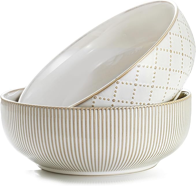 getstar Large Serving Bowls (9.5 inch & 92 fl oz), Ceramic Salad Bowl Set of 2, Microwave and Dishwasher Safe, Farmhouse Kitchen Decorative Bowls Set (Embossed Checks & Stripes)