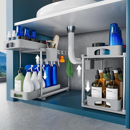 VERIFOST 2 Pack Adjustable Gray Under Sink Organizers, 2 Tier Pull Out Storage