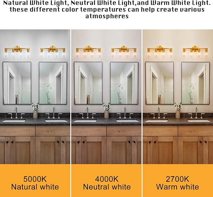4 Light Gold Bathroom Vanity Light, Brushed Brass Bathroom Light Fixtures